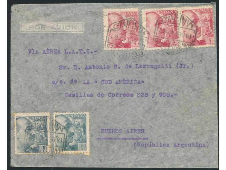 Spanien:  40 C., 1 Pta. und 3 x 4 Pts. auf Luftpostbrief mit L.A.T.I.-Leitvermerk nach Buenos Aires, Stempel  Madrid  18.10.4