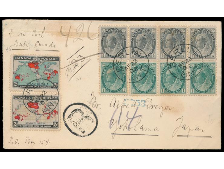 Imperial Penny Postage 2 C.  (Map Issue) in beiden Ausführungen mit QV 4 x 1/2 C. und 4 x 1 C. auf  Einschreibbrief   nach Ja