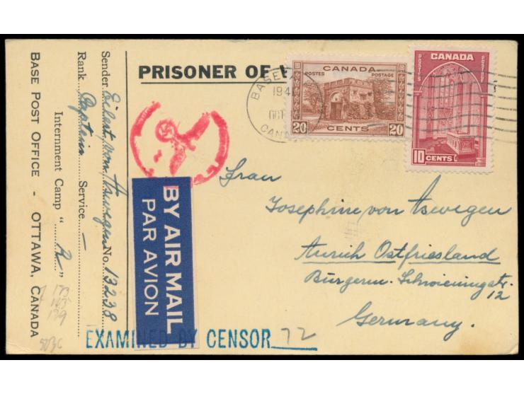 10 C. und 20 C. als Luftpostzuschlag auf  Kriegsgefangenen-Vordruckkarte  nach Deutschland, Maschinenstempel Base A.P.O. 13.1