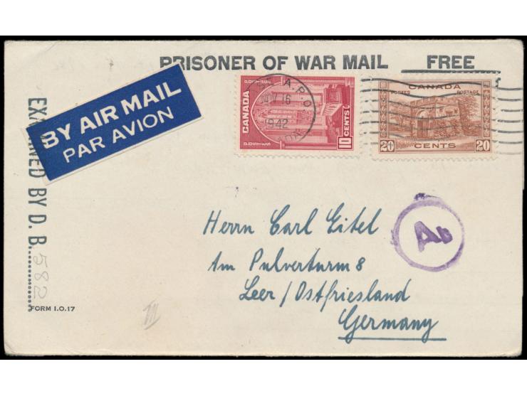 10 C. und 20 C. als Luftpostzuschlag jeweils auf  Kriegsgefangenen-Vordruckfaltbrief und -Vordruckkarte  nach Deutschland, Ma