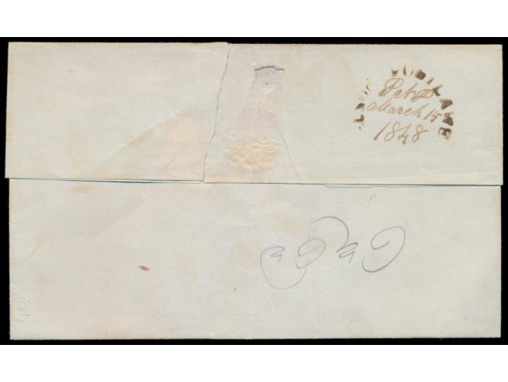 Falt-Briefhülle mit seltenem Halbkreisstempel Post-Pusilawa, Datum handschriftlich 15. March 1848 an Gouvernement Kandy, sehr
