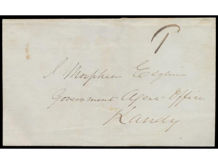 Falt-Briefhülle mit seltenem Halbkreisstempel Post-Pusilawa, Datum handschriftlich 15. March 1848 an Gouvernement Kandy, sehr