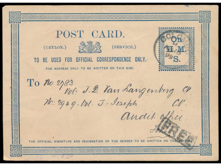 Dienst - Ganzsache On H.M.S., Stempel Colombo 18.8.99,  R1 Free,  rückseitig Zudruck  "C" Company Ceylon Volunteers,  Untersc