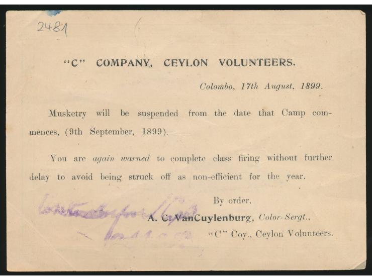 Dienst - Ganzsache On H.M.S., Stempel Colombo 18.8.99,  R1 Free,  rückseitig Zudruck  "C" Company Ceylon Volunteers,  Untersc