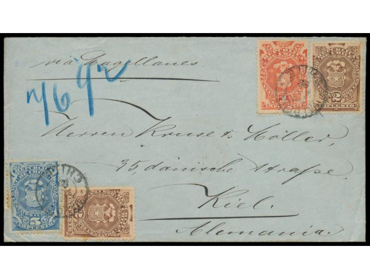 Stempelmarken  "Impuesto"  1 C., 2 x 2 C. und 5 C. auf Brief "via Magellanes" nach Deutschland, Stempel  Valdivia  22.4.92, A