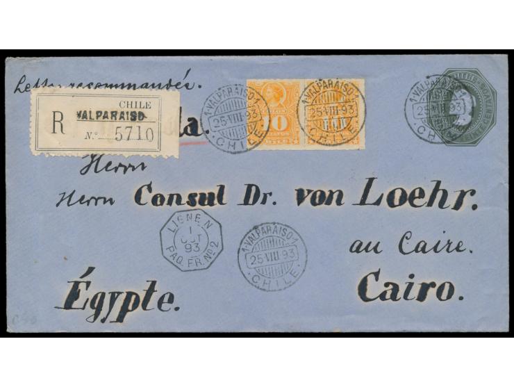 langformatiger Ganzsachen-Umschlag &nbsp;20 C. mit Zusatzfrankatur 2x 10 Ct., Stempel Valparaiso 25.8.93, als &nbsp;Einschrei