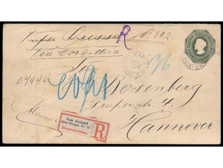 Ganzsachen-Umschlag 20 C. Colon als Einschreiben nach Deutschland, Stempel &nbsp;Vina del Mar &nbsp;12.12.95, handschriftlich