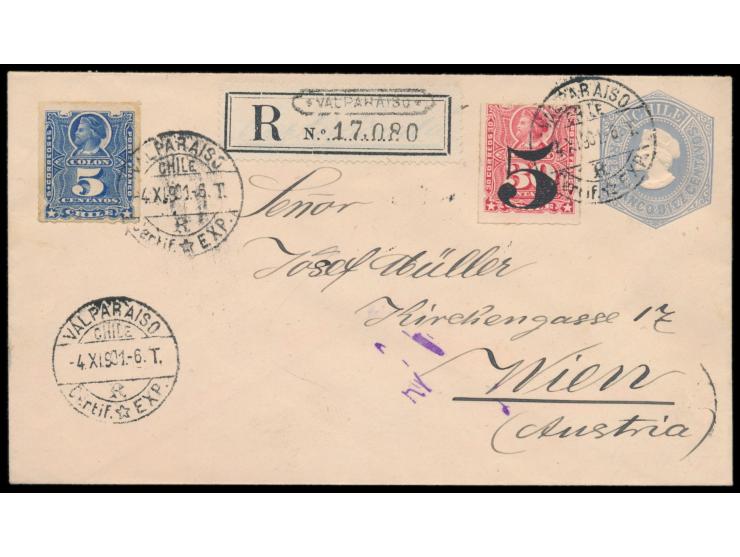 Ganzsachenumschlag Colon 10 C. mit Zusatzfrankatur Colon 5 C. blau und 5 C. auf 30 C. rot als  Einschreiben  nach Wien, Stemp