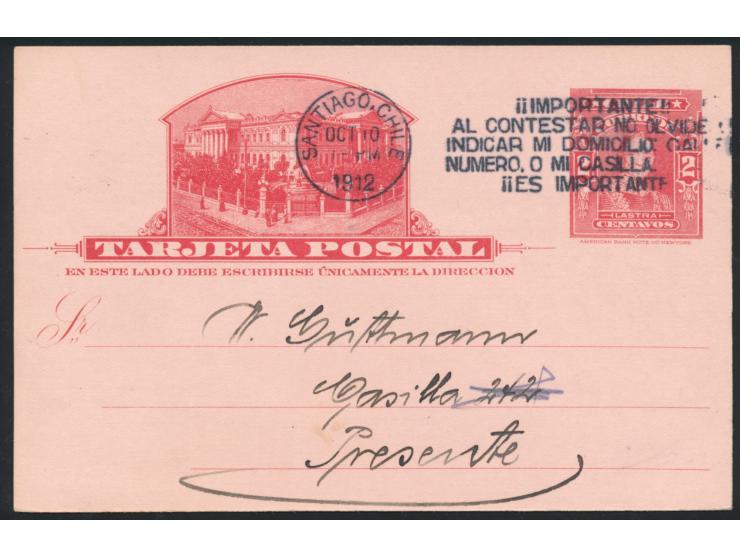 rote Ganzsache 2 Ct., Maschinenstempel Santiago "Il Importante ..."  10.10.1912, rückseitig Zudruck des Gesangvereins "Frohsi