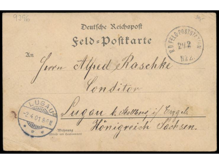 mehrfarbige  Tuschezeichnung  "Landschaft" ganzflächig auf Rückseite einer deutschen Feldpost-Vordruckkarte, Stempel  K. D. F