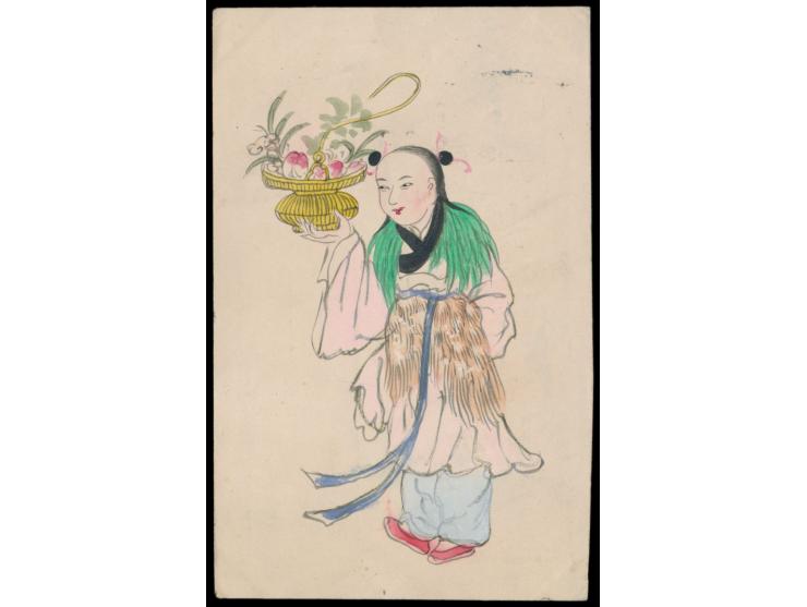 Shanghai 1910: 2 Postkarten mit rückseitig mehrfarbigen  Tuschezeichnungen  (Chinesen), bei beiden Frankatur abgefallen, Stem