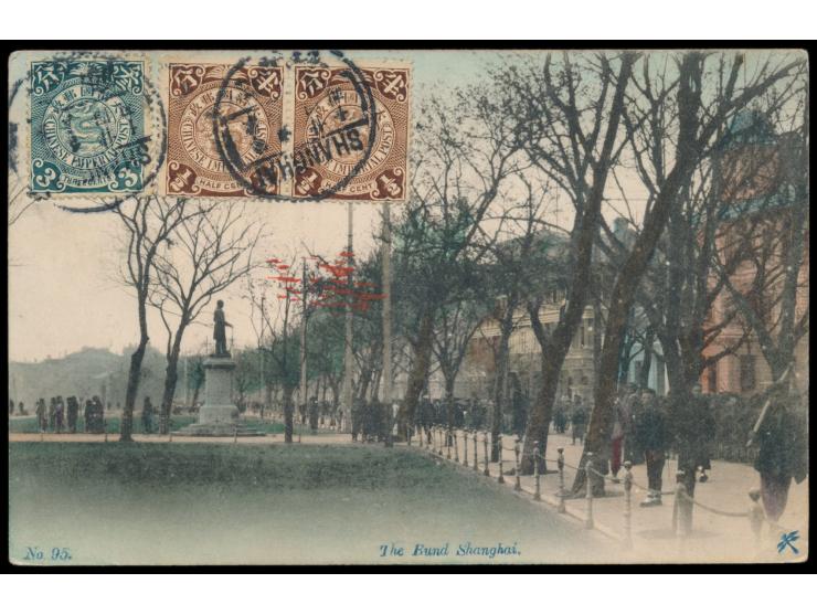 The Bund Shanghai;  kolorierte Ansichtskarte mit bildseitig 2 x C.I.P. 1/2 C. und 3 C. mit Stempel Shanghai 14.11.11 nach Deu