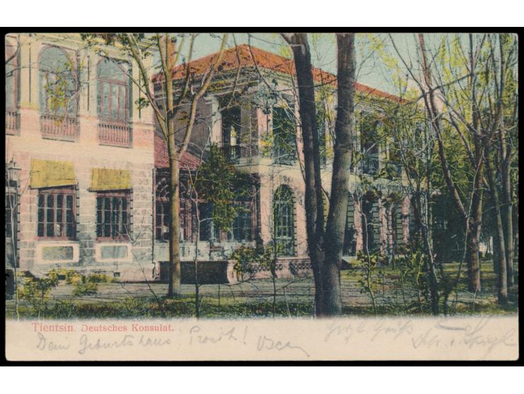kolorierte Ansichtskarte  Tientsin. Deutsches Konsulat,  Frankatur Deutsche Post 2 C. (kleiner Eckfehler), Stempel Tientsin 3