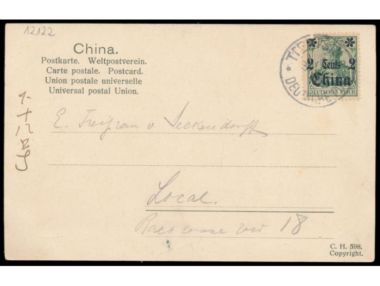 kolorierte Ansichtskarte  Tientsin. Deutsches Konsulat,  Frankatur Deutsche Post 2 C. (kleiner Eckfehler), Stempel Tientsin 3