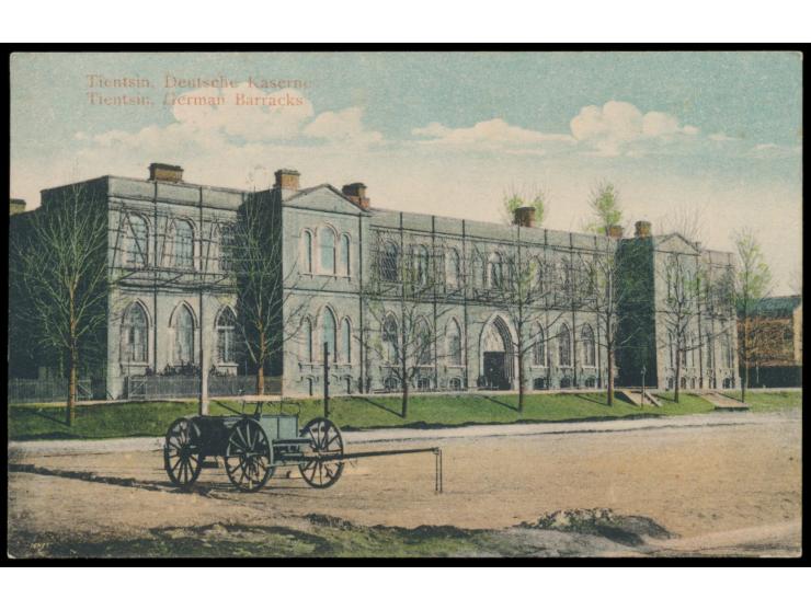 mehrfarbige Ansichtskarte  Tientsin, German Barracks,  Frankatur Deutsche Post 2 C., Stempel  Tientsin a  23.8.12,  nach Tsin