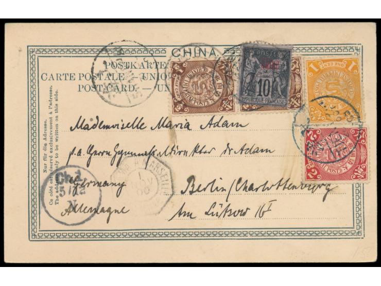 Ansichtskarte Pei-Tai-Ho nach Deutschland, Frankatur  C.I.P.  2 x 1/2 C., 1 C. und 2 C. mit blauem Stempel  Tientsin  28.10.0