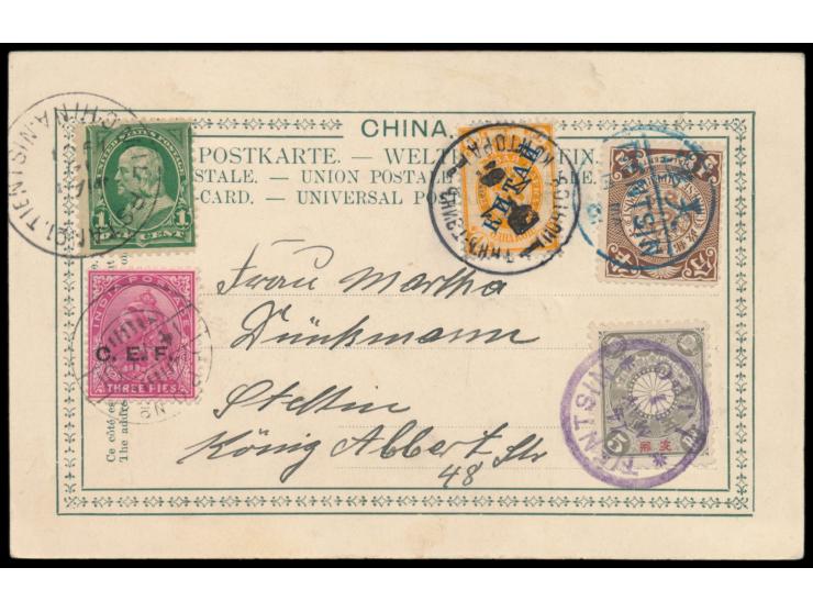 1901: Ansichtskarte Tientsin - Astor House mit  Fünf-Länder-Frankatur:  China, Indien, Japan, Russland und USA mit den Stempe