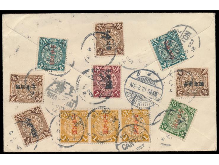 Republik:  C.I.P. 4 x 1/2 C., 3 x 1 C., 2 C., 2 x 3 C. und 7 C. mit kurzem Aufdruck rückseitig auf  Einschreibbrief  nach Deu