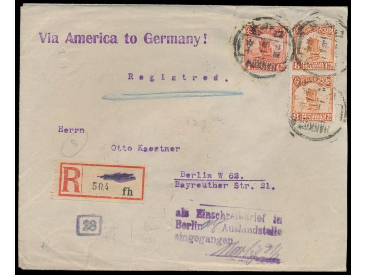 Dschunke 4 C. und 2 x 8 C. auf  Einschreibbrief  mit Stempel  Hankow  4.1.21 via USA nach Deutschland, Absender "Konrad Maure
