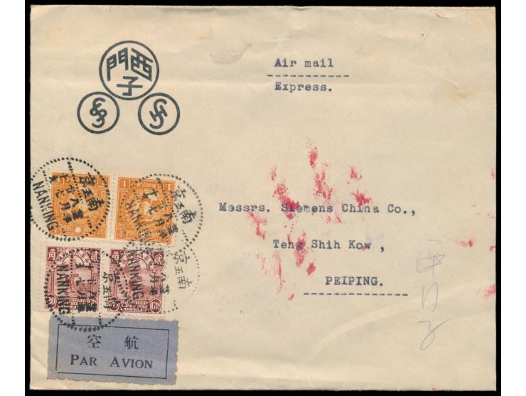 2 x 20 C. Reisernte und 2 x 1 C. Märtyrer auf  Luftpost-Express-Brief  mit Stempel  Nanking  nach Peiping, rückseitig Rest de