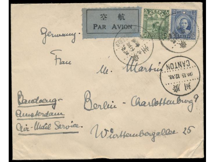 25 und 50 Ct., auf Luftpostbrief Canton 9 (Tungshan) 15.12.33 nach Deutschland, via Bandoeng - Amsterdam, Absender Professor 