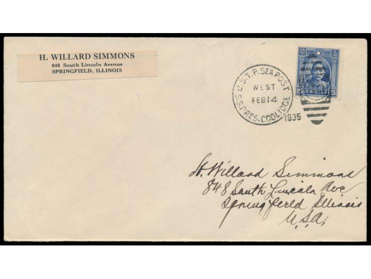 Sun Yatsen 25 C. auf Brief nach USA, USA-Seepoststempel  U.S.T.P. Sea Post S.S. Pres. Coolidge  mit Killer-Nr. 30 14.2.1935
S