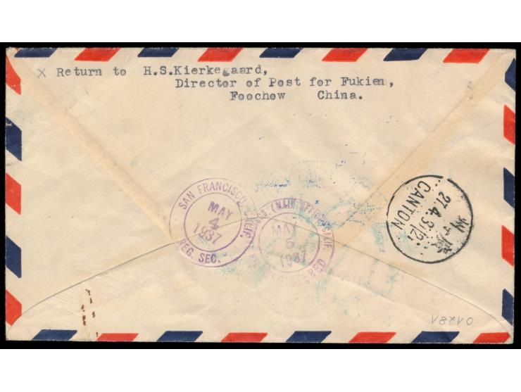 PANAM-Erstflug China - USA  via Hong Kong - San Francisco, 5 C. Sun Yatsen mit 15 C., 50 C. und 1 $ Flugpost auf Luftpost-Ein