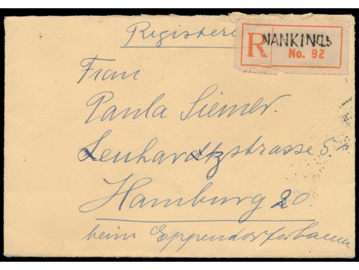 50 C. Märtyrer rückseitig auf &nbsp;Einschreibbrief &nbsp;mit Stempel &nbsp;Nanking &nbsp;nach Deutschland, Blanko-R-Zettel m