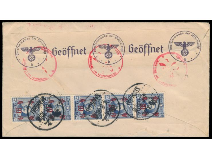 5 x Sun Yatsen 10 C. auf 25 C (1937) rückseitig auf Brief "via Siberia" nach Deutschland, Stempel Shanghai 4.8.40, deutsche Z