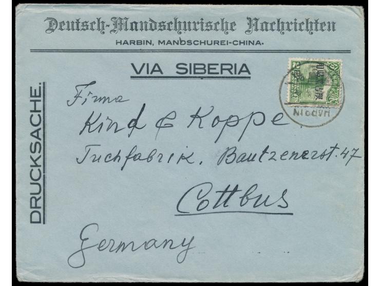 Mandschurei,  2 C. Dschunke mit Provinzaufdruck auf Umschlag "Deutsch-Mandschurische Nachrichten" als Drucksache via Sibirien