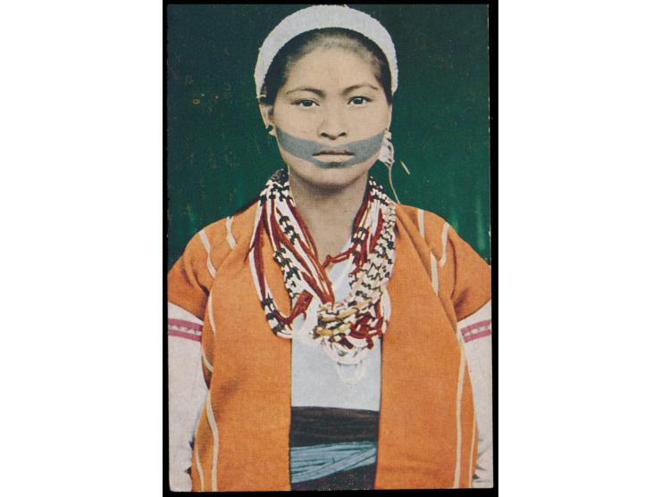 Taiwan,  Japan 1 1/2 Sen (Tazawa) auf Ansichtskarte in die Tschechoslowakei, schwarzer Gummistempel  Taihoku. / Taiwan / Japa