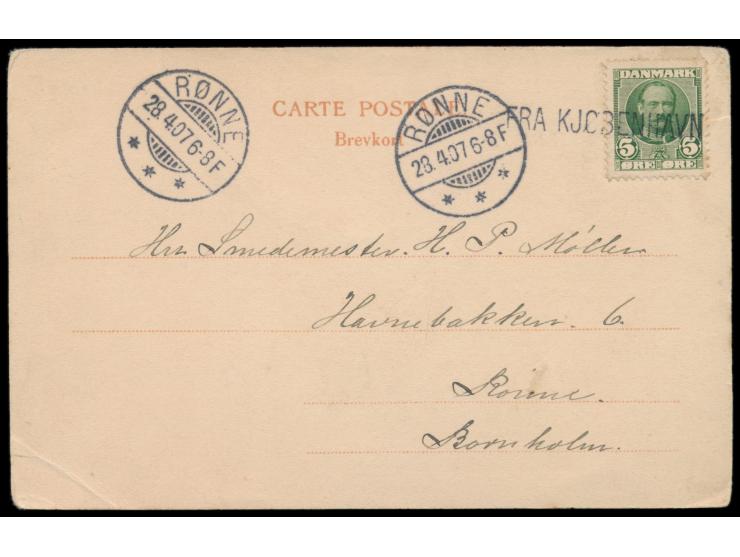 L1  Fra Kjöbenhavn  als Entwertung und Stempel  Rönne  28.4.07 auf Ansichtskarte mit 5 Öre nach Bornholm, Bedarf
