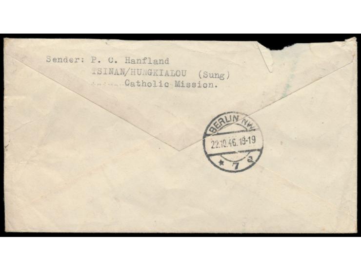 "Sieg über Japan"  100 $ mit 2 x 100 $ 500 $ auf 3 C. auf Luftpostbrief nach Deutschland, rückseitig Absender "... Tsinan / H