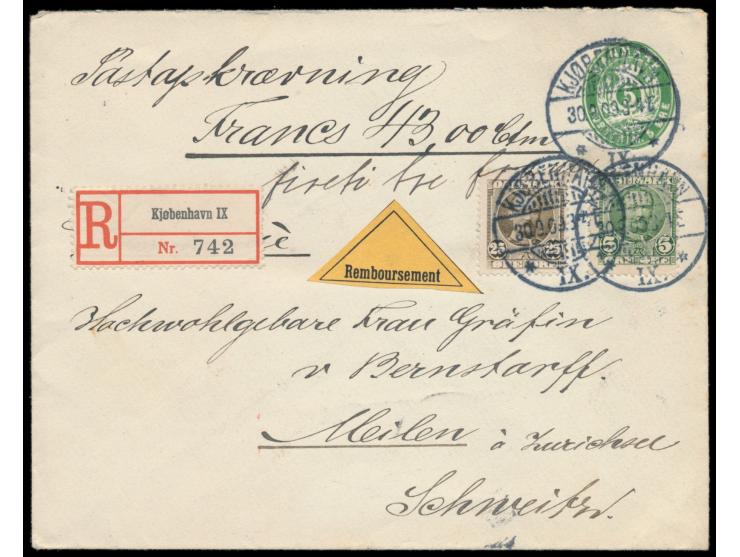 Ganzsachenumschlag 5 Öre mit Zusatzfrankatur 5 Öre und 25 Öre (Ausgabe 1907) als &nbsp;Nachnahme-R-Brief &nbsp;in die Schweiz