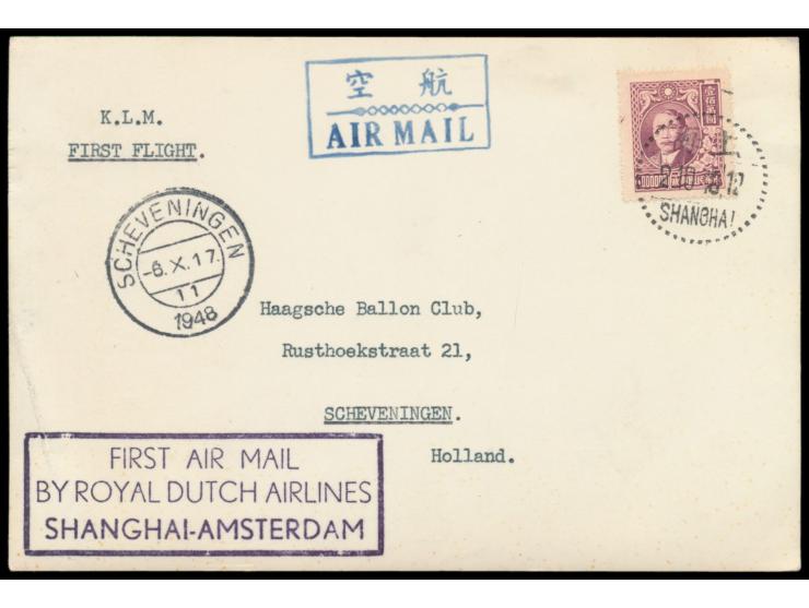 KLM-Erstflug Shanghai - Bangkok - Amsterdam:  Sun Yatsen 1.00000 $ auf Luftpostkarte mit Stempel Shanghai  2.10.48  nach Holl