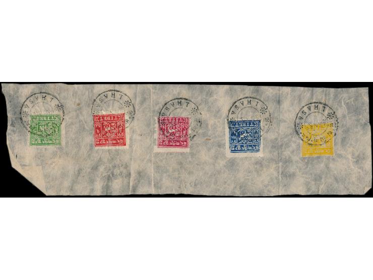 Tibet,  1933: 1/2 T, 2/3 T, 2 x 1 T (verschiedene Farbtöne) und 4 T,  1/2 T ungezähnt, alle anderen gezähnt, auf einem Streif