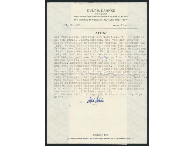 Tibet,  1933: 1/2 T, 2/3 T, 2 x 1 T (verschiedene Farbtöne) und 4 T,  1/2 T ungezähnt, alle anderen gezähnt, auf einem Streif