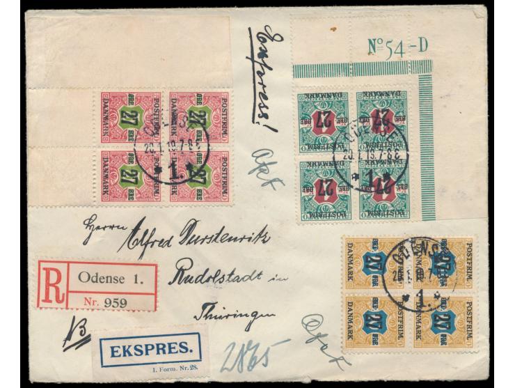 Aufdruck-Provisorien 1918:  27 Öre auf  Verrechnungsmarken  1 Kr., 5 Kr. und 10 Kr. jeweils im  Viererblock  (1 x Eckrand lin