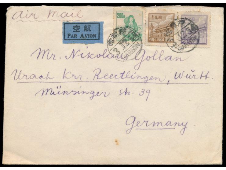 Pforte des Himmlischen Friedens 1000 $ und 10.000 $ (1950) und Hirtin 200 $ (1953) auf Luftpostbrief nach Deutschland, zweisp