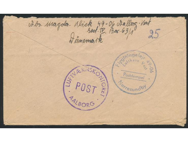 Brief aus dem Lager für deutsche  Ostpreußen-Flüchtlinge  in Aalborg / Dänemark nach Hameln, roter Postfreistempel Aalborg 27