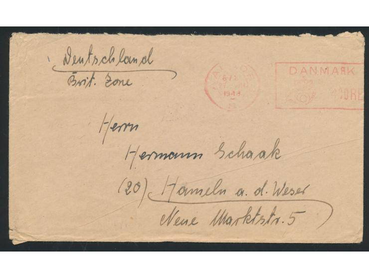 Brief aus dem Lager für deutsche  Ostpreußen-Flüchtlinge  in Aalborg / Dänemark nach Hameln, roter Postfreistempel Aalborg 27