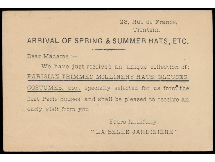 Ganzsache 1 C. (Han No. 1) mit rückseitigem  Zudruck  "... Arrival of Spring &amp; Summer Hats ... La Belle Jardinière", Stem