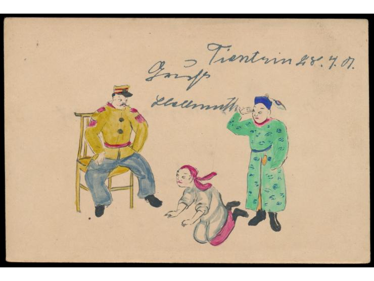 Ganzsache 1 C. (Han Nr. 1) mit rückseitig mehrfarbiger  Tuschezeichnung  der Überstellung eines Boxers an einen Offizier eine