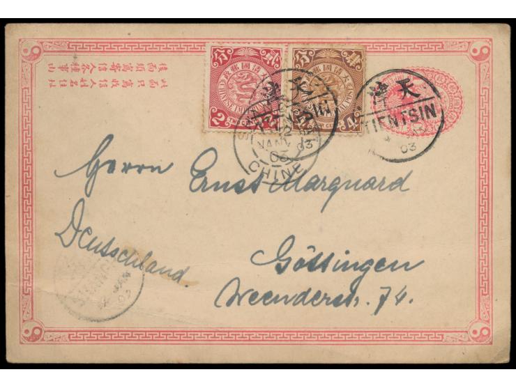 Ganzsache 1 C. (Han No. 1) mit C.I.P. 2 C. und 4 C. nach Deutschland, Stempel  Tientsin  4.1.03, Durchgangsstempel des chines