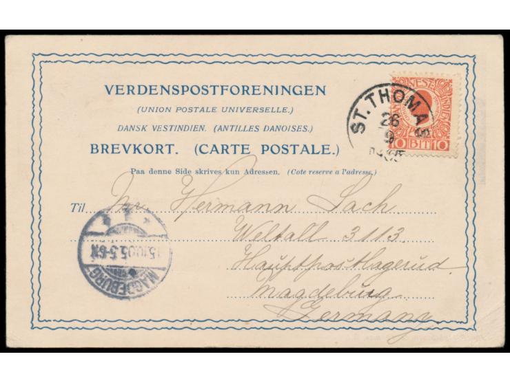 Dänisch-Westindien, &nbsp;Einzelfrankatur 10 Bit (Ausgabe 1905) mit Stempel St. Thomas 26.9.05 auf Ansichtskarte &nbsp;&quot;