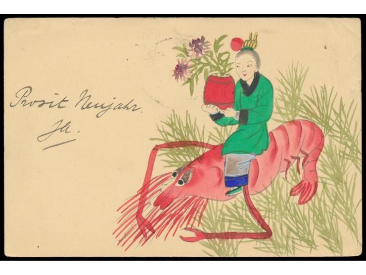 Ganzsache 1 C. (Han No. 2) mit rückseitig mehrfarbiger  Tuschezeichnung "Chinesin mit Blumentopf auf einer Garnele reitend", 
