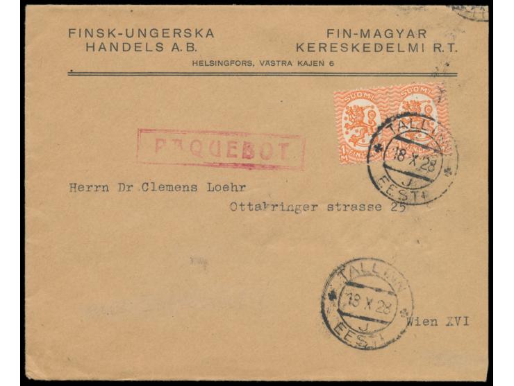 Stempel  Tallinn  18.10.28 und roter R1  Paquebot  auf Firmenbrief aus Helsinki mit 2 x Finnland 1 M., nach Wien, Bedarf
Stic