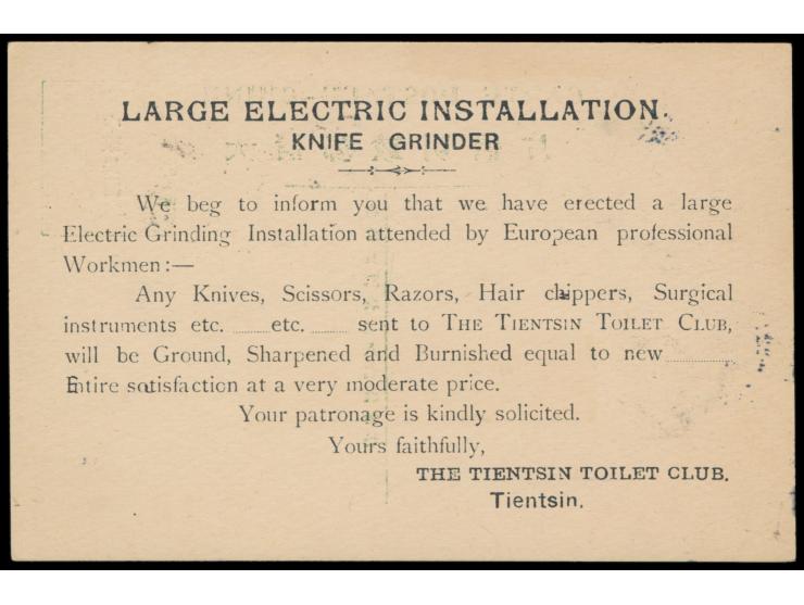 Republik,  Ganzsache C.I.P. 1 C. grün mit rotem Aufdruck, Han No. 8, rückseitig  Zudruck "The Tientsin Toilet Club",  Stempel