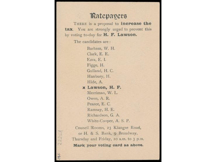 Ganzsache 1 C. (1912) mit rückseitigem  Zudruck " Ratepayers ... H.F. Lawson ...", Han Nr. 10, Stempel  Shanghai Local Post  