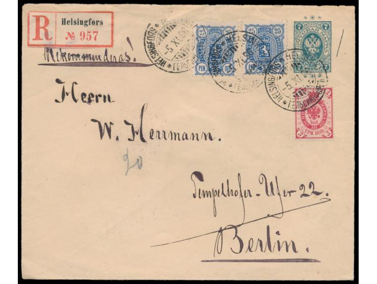 Ringtyp-Ganzsachenumschlag 7 Kop. mit Ringtyp 3 Kop. mit 2 x Wappenausgabe 25 Pen. (1889) als  Einschreiben  nach Berlin, Ste
